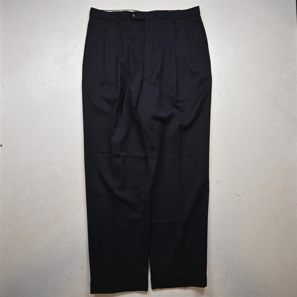 Vtg Y2K 2000s 36x32 Dark Blue Wool Pleated Cuffed High Waist Baggy Dress Pants